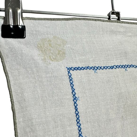 Vintage Hand Embroidered Cross Stitch Floral Tablecloth Square Linen Blue Cream - Picture 6 of 8